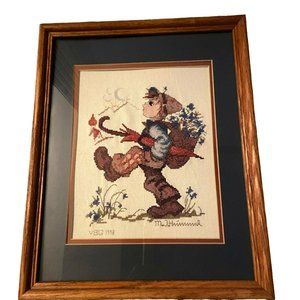 MJ Hummel Cross Stitch Boy  with Umbrella & Flowers Completed Framed